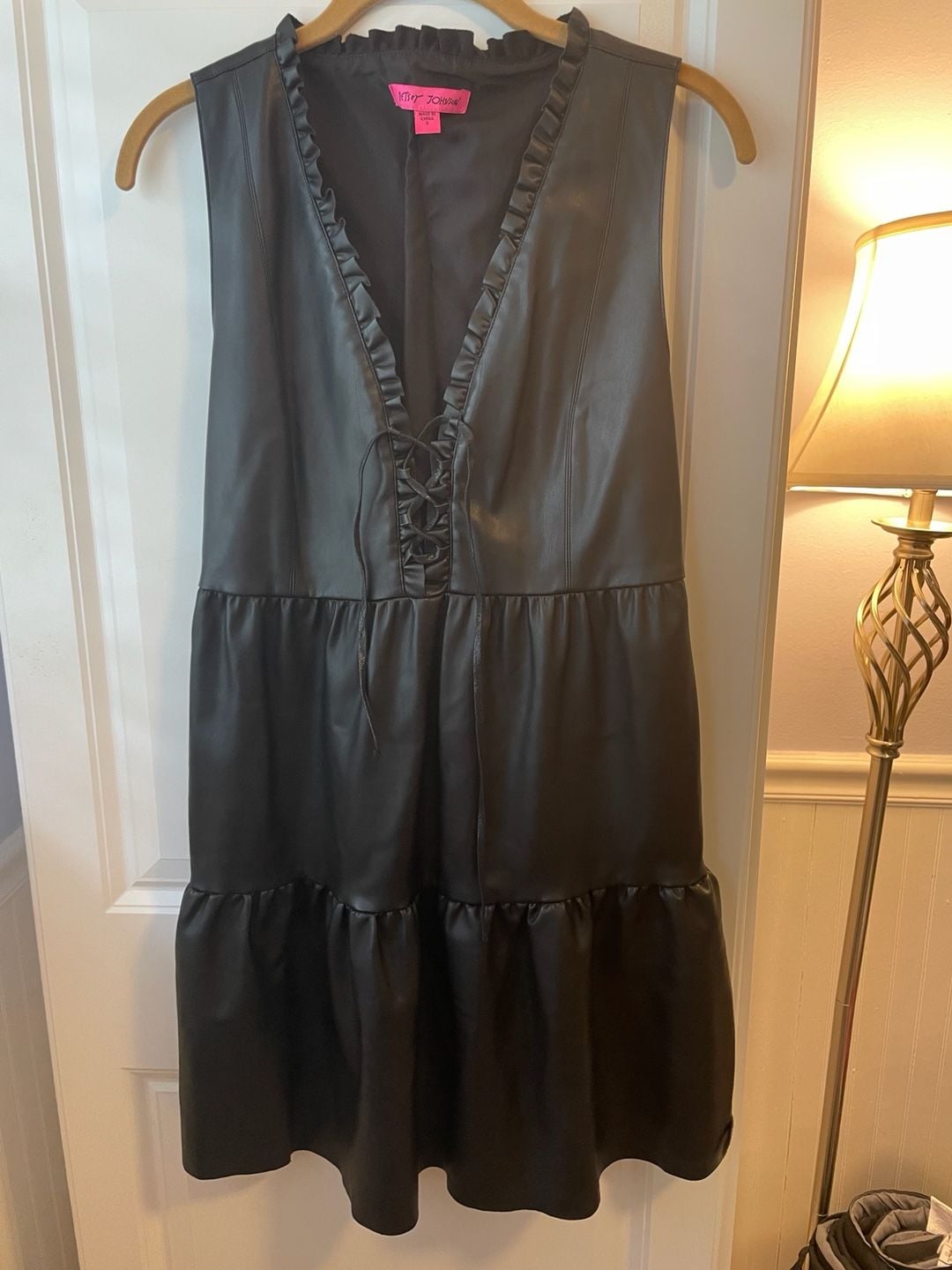 Betsey Johnson Faux Leather Lace-Up Ruffle Tiered Babydoll Mini Dress